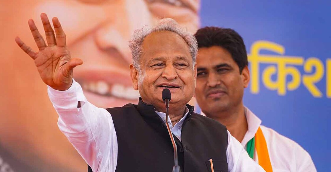 Rajasthan Chief Minister Ashok Gehlot addresses public meeting ahead of Rajasthan Assembly elections at Kishangarh near Ajmer, Saturday, Nov. 4, 2023. Photo: PTI