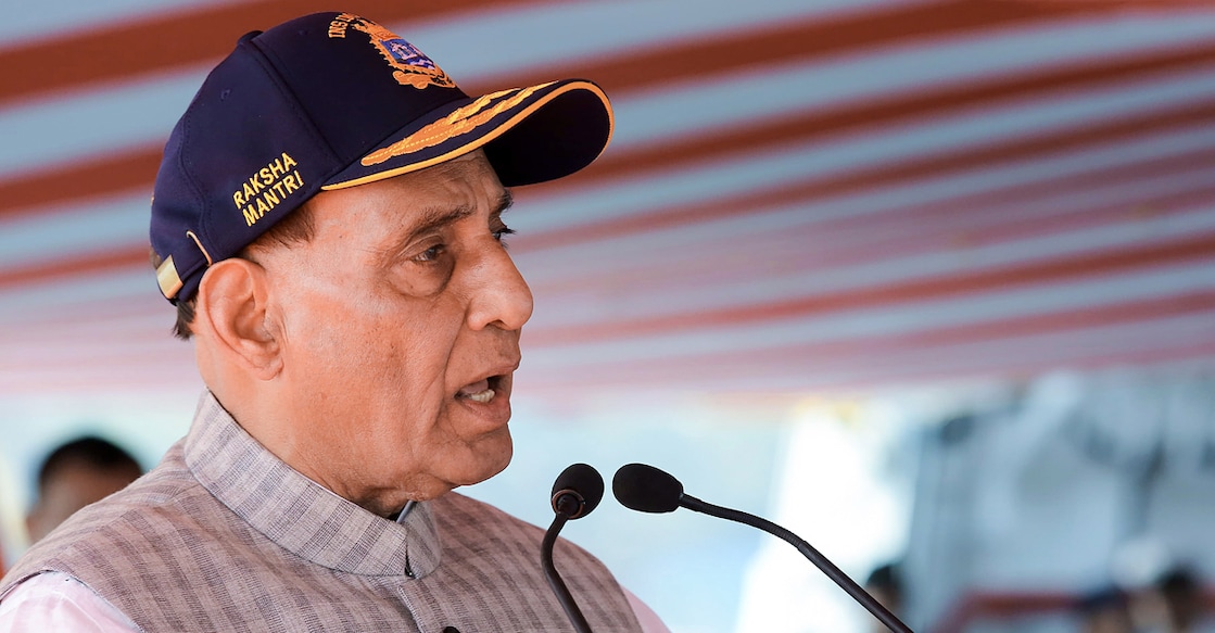 PTI12_26_2023_000221B Defence Minister Rajnath Singh addresses during the ceremony for the commissioning of stealth guided missile destroyer INS Imphal into the Indian Navy, in Mumbai. Photo: PTI