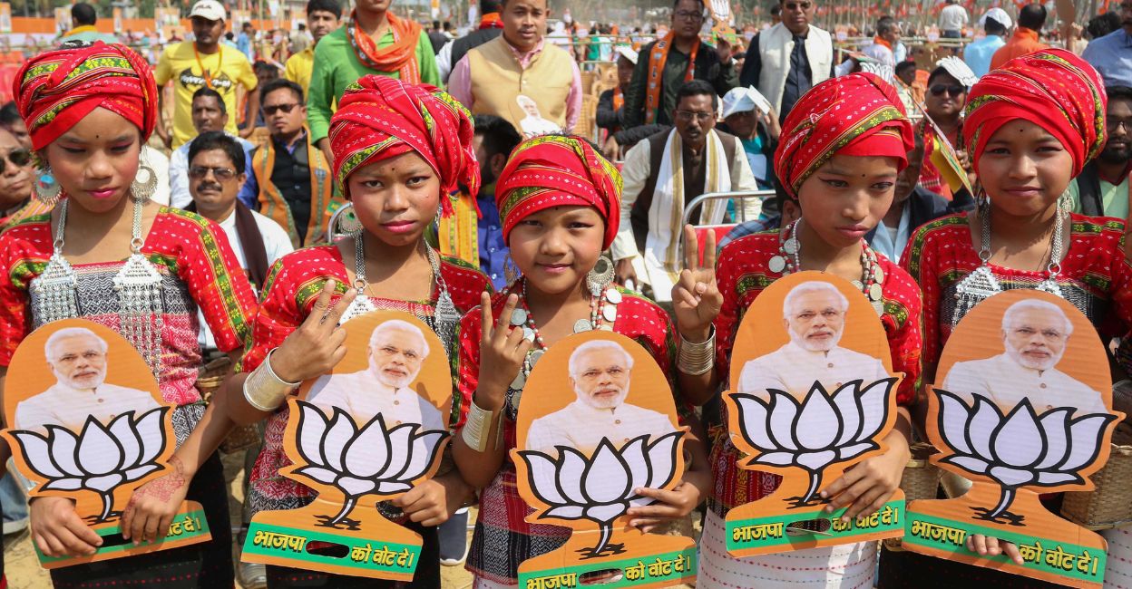 modi-tripura-1 BJP supporters attend Prime Minister Narendra Modi's 'Vijay Sankalp Rally' for the upcoming Tripura Assembly elections, at Ambassa in Dhalai district, Saturday, February 11, 2023. Photo: PTI