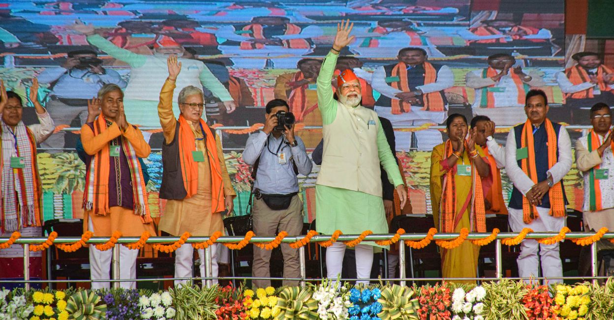 modi-tripura-2 Prime Minister Narendra Modi with Tripura Chief Minister Manik Saha, BJP MP Pratima Bhoumik and other leaders during a public rally for the upcoming Tripura assembly elections, in Agartala, Saturday, February 11, 2023. Photo: PTI