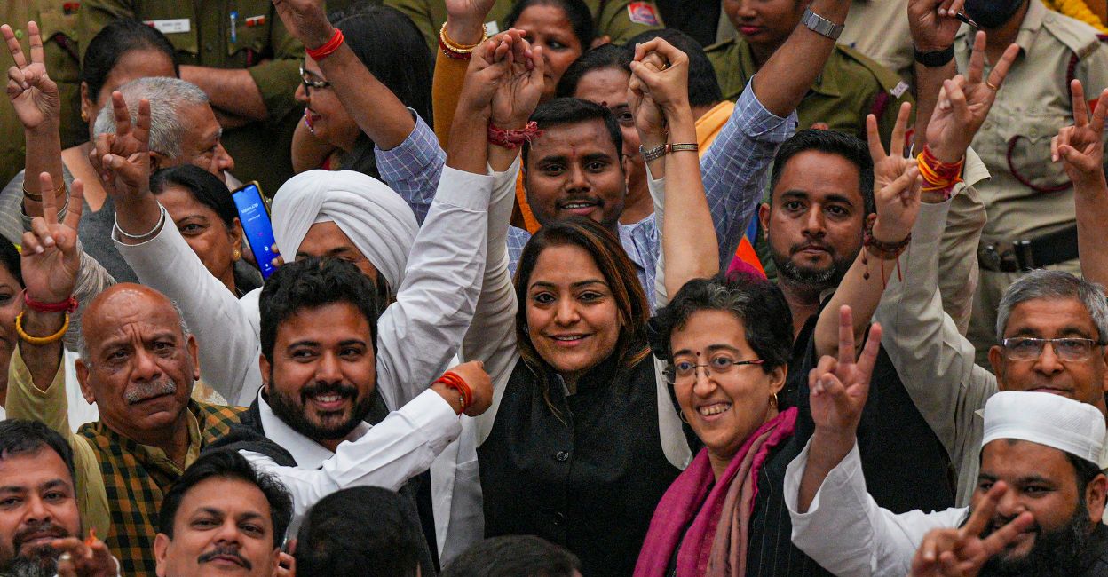 AAP's Shelly Oberoi (centre) with party councillors celebrates her victory in the mayoral election, at the Civic Centre in New Delhi, Wednesday, February 22, 2023. Photo: PTI