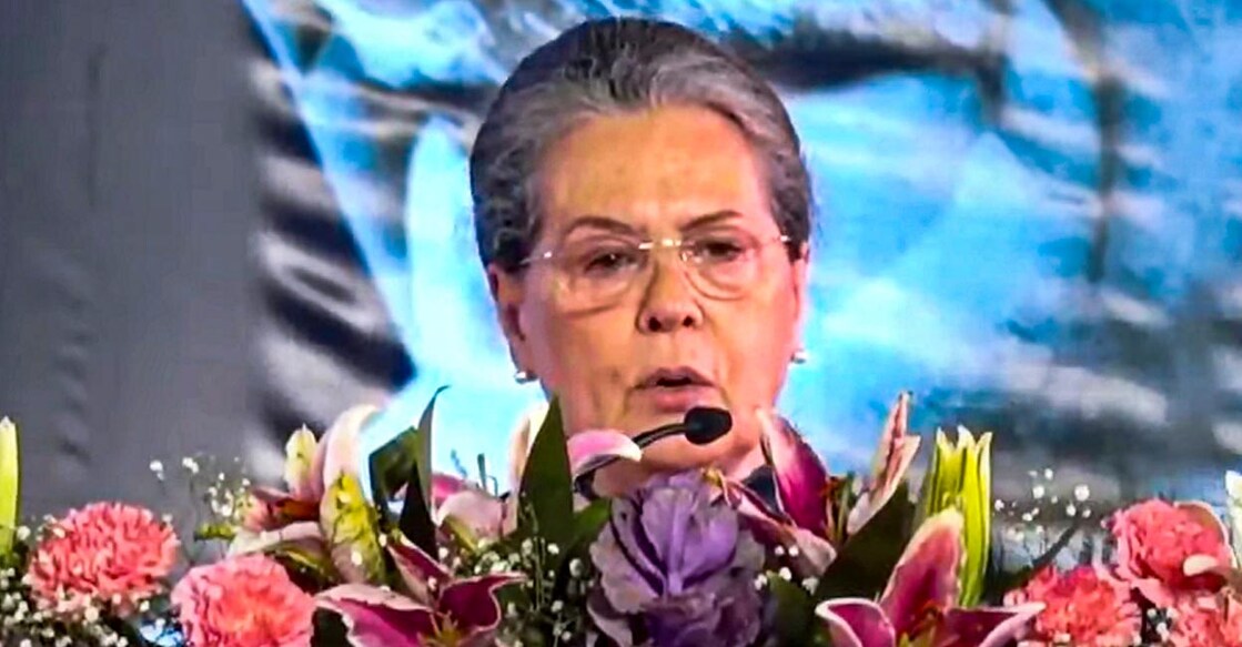 PTI02_25_2023_000087B Senior Congress leader Sonia Gandhi speaks during the 85th Plenary Session of the Indian National Congress, in Raipur: Photo: PTI