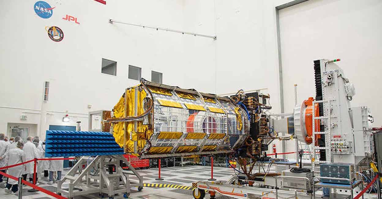 nisar-satellite-payload The scientific instrument payload for the NISAR mission was viewed by officials from NASA, ISRO and the Indian Embassy. Photo: NASA/JPL-Caltech