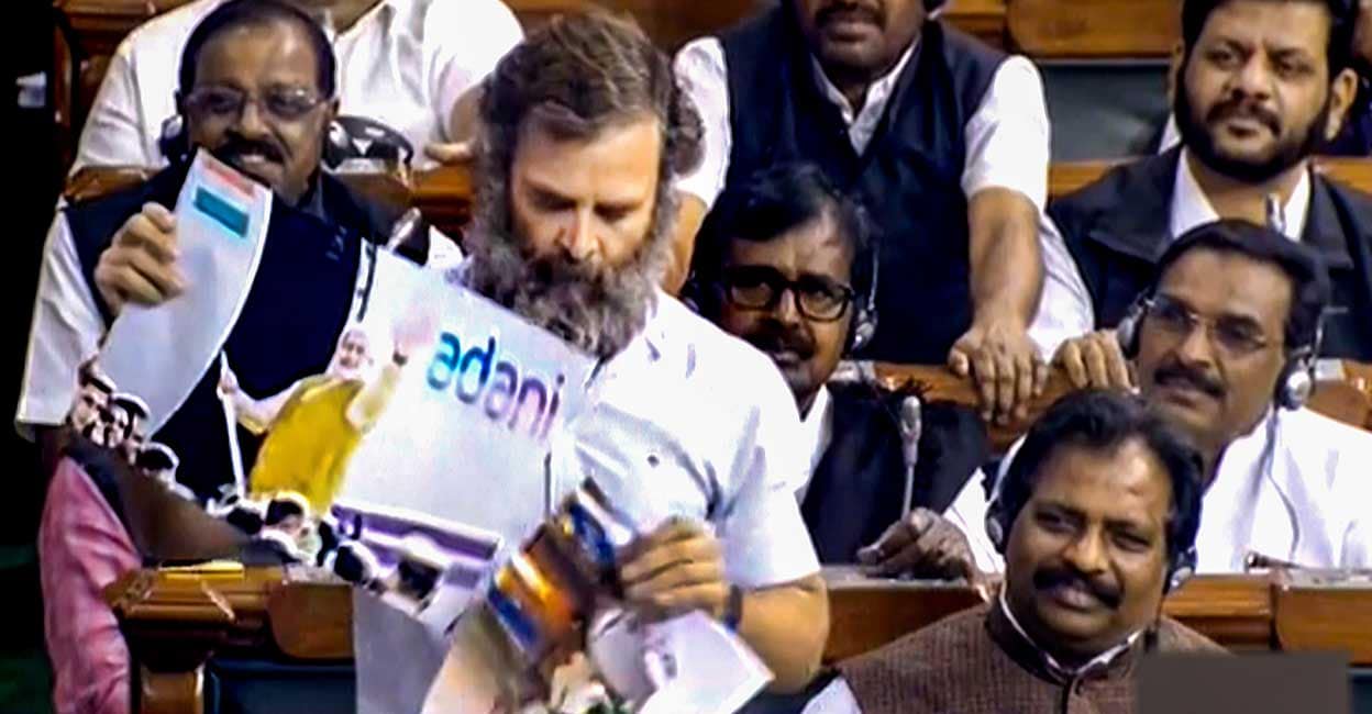 PTI02_07_2023_000155B Congress MP Rahul Gandhi speaks in the Lok Sabha during Budget Session of Parliament, in New Delhi, Tuesday, February 7, 2023. Photo: PTI