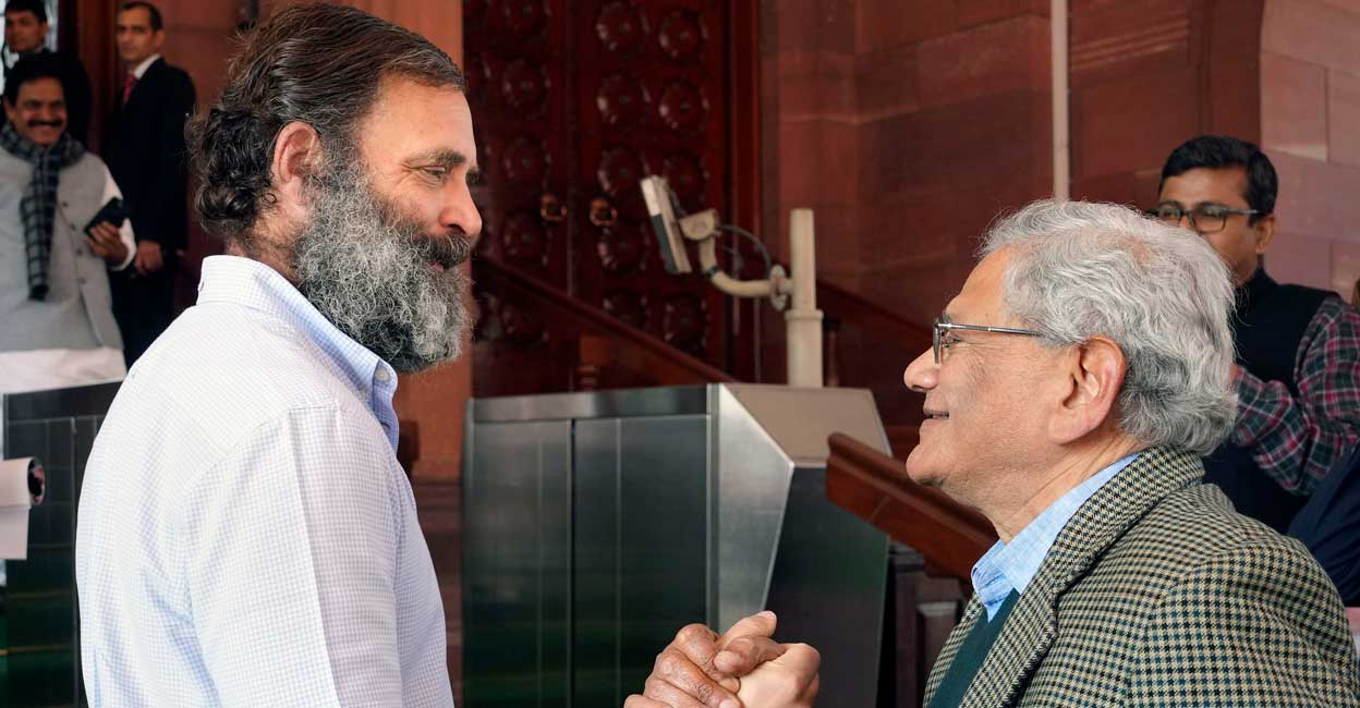 PTI02_07_2023_000145A Congress MP Rahul Gandhi and CPI (M) General Secretary Sitaram Yechury at Parliament House complex during Budget Session, in New Delhi, Tuesday, February 7, 2023. Photo: PTI