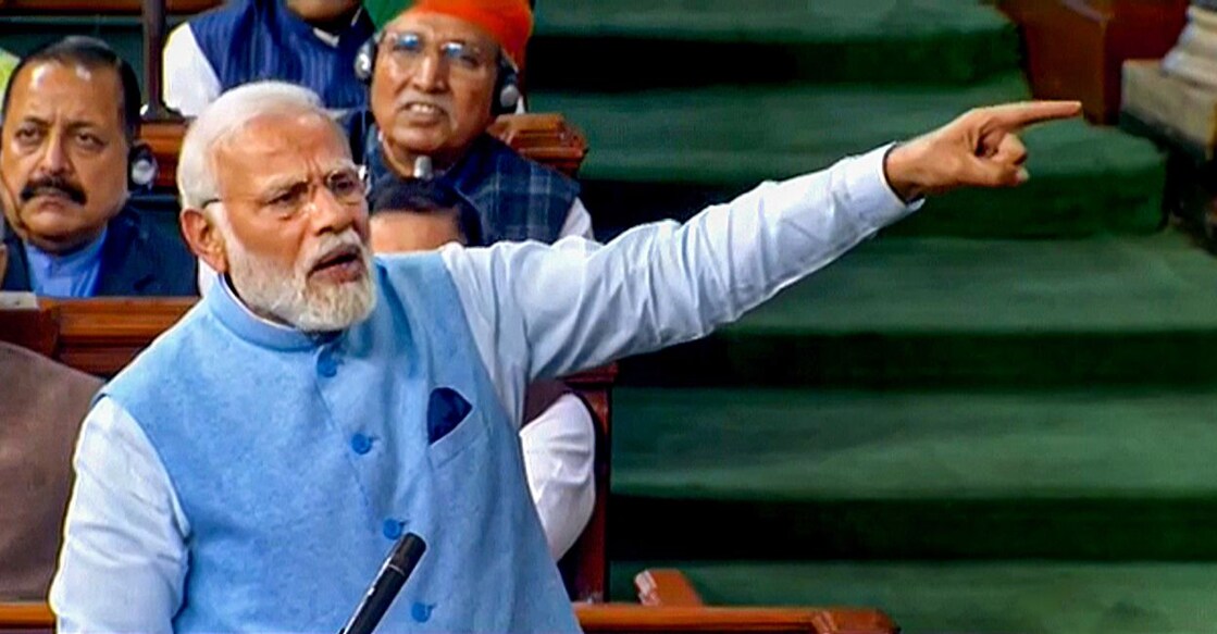 Prime Minister Narendra Modi replies to the Motion of Thanks on the President's Address in the Lok Sabha during Budget Session of Parliament, in New Delhi, Wednesday, February 8, 2023. Photo: PTI