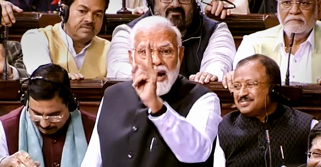 Prime Minister Narendra Modi replies to the Motion of Thanks on the President's address in the Rajya Sabha during Budget Session of Parliament, in New Delhi, on Thursday. Photo: PTI