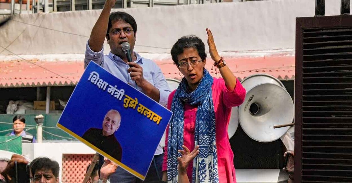 Aam Aadmi Party (AAP) MLA Atishi speaks during a protest against the arrest of Delhi Deputy Chief Minister Manish Sisodia by CBI in the excise policy case, at AAP office in New Delhi, Monday, Feb. 27, 2023. Photo: PTI/Shahbaz Khan