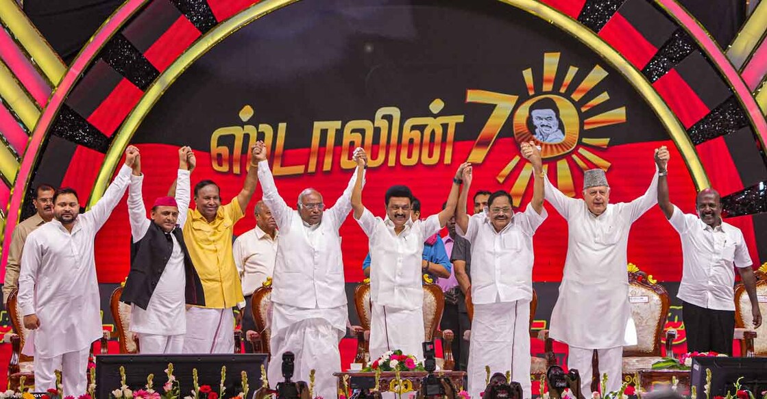 PTI03_01_2023_000327A DMK President and Tamil Nadu Chief Minister MK Stalin with opposition leaders Mallikarjun Kharge, Farooq Abdullah, Akhilesh Yadav, Tejashwi Yadav and DMK senior leaders at a public meeting as part of the TN CM's 70th Bithrday celebrations in Chennai on Wednesday. Photo: PTI