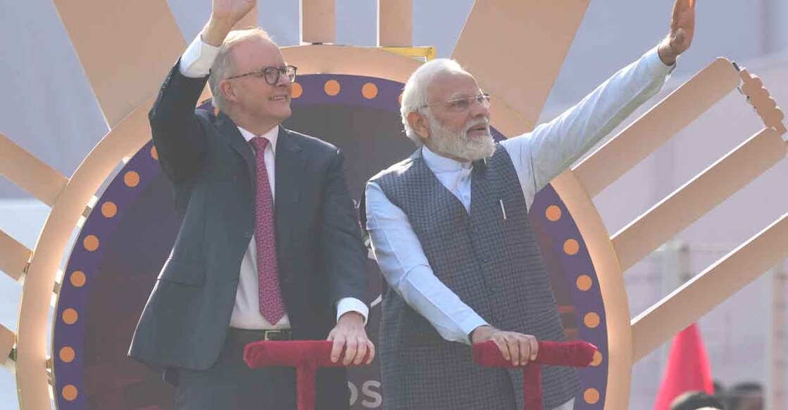 Prime Minister Narendra Modi and Australian Prime Minister Anthony Albanese before the start of the fourth test cricket match between India and Australia, at Narendra Modi stadium in Ahmedabad, Thursday, March 9, 2023. Photo: Atul Yadav
