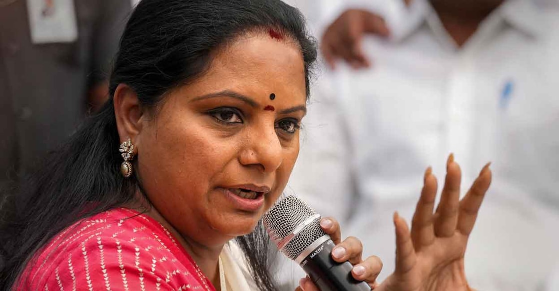 PTI03_09_2023_000127A Bharat Rashtra Samithi (BRS) leader K. Kavitha addresses a press conference in New Delhi on March 9, 2023. Photo: PTI/Kamal Singh