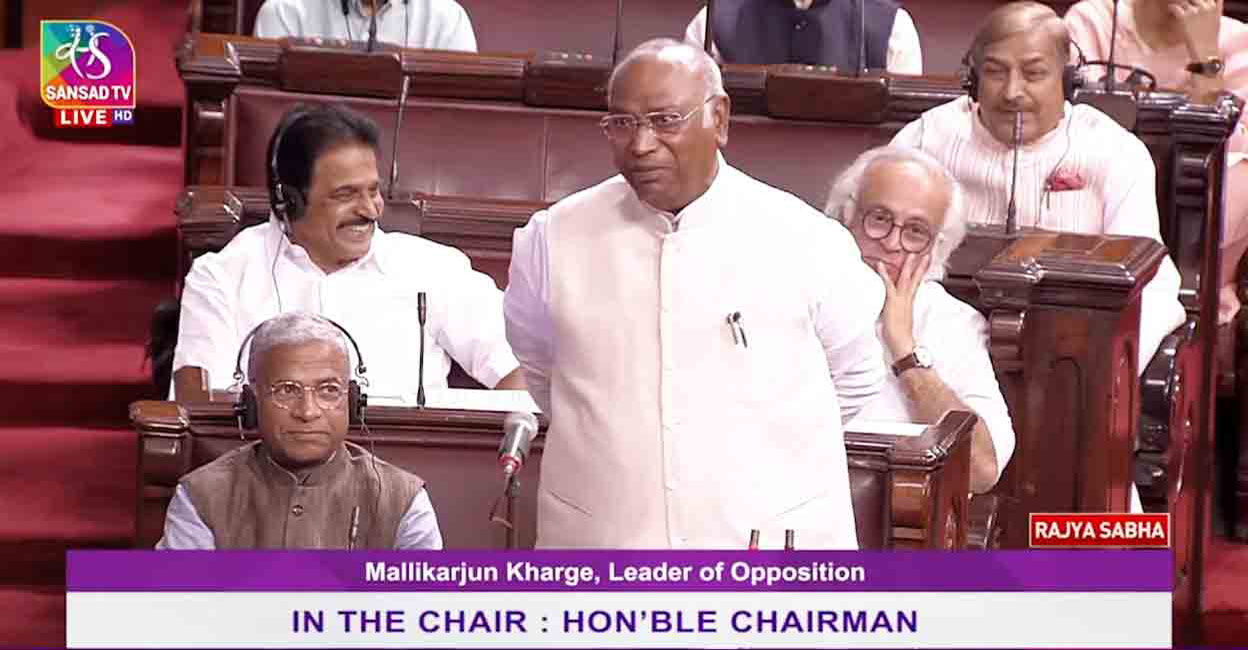 Mallikarjun Kharge | Video Grab, Twitter, @INCIndia Leader of Opposition and Congress president M Mallikarjun Kharge said it was a matter of great pride that two cinemas from southern India have won the award. Photo: Video Grab, Twitter, @INCIndia/Manorama Online
