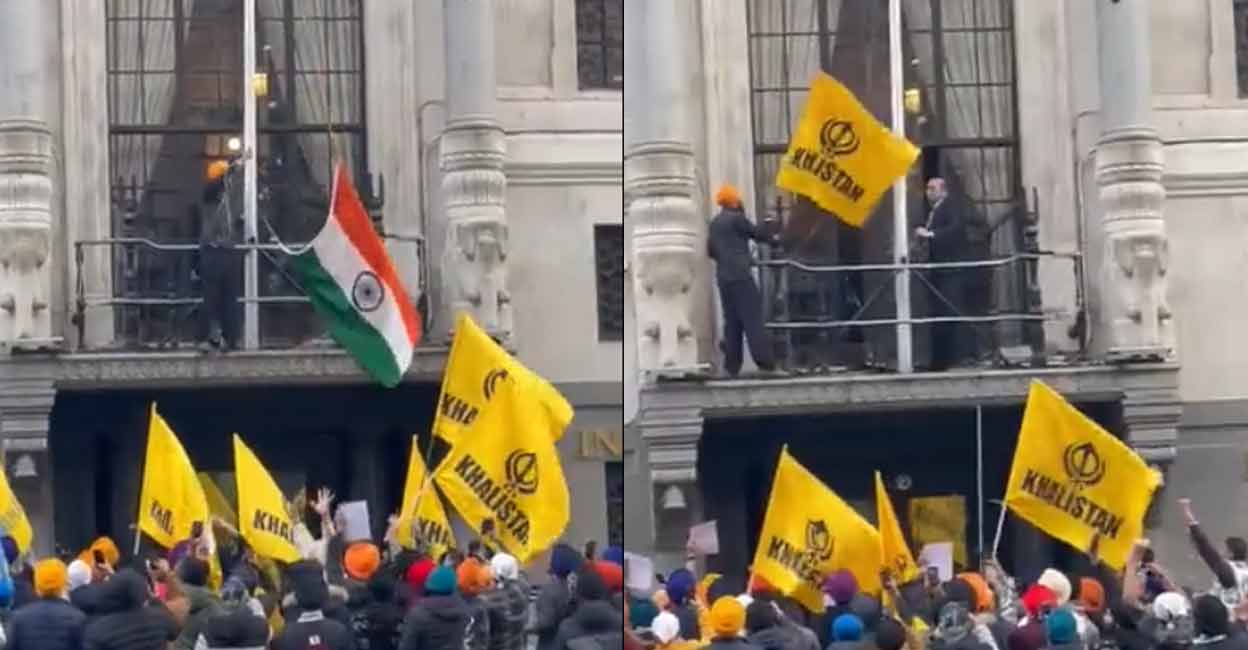 A pro-Khalistan supporter attempts to pull down Indian flag at the High Commission of India in London (left). The man is seen waving a 'Khalistan' flag. Photos: Screengrab from ANI video