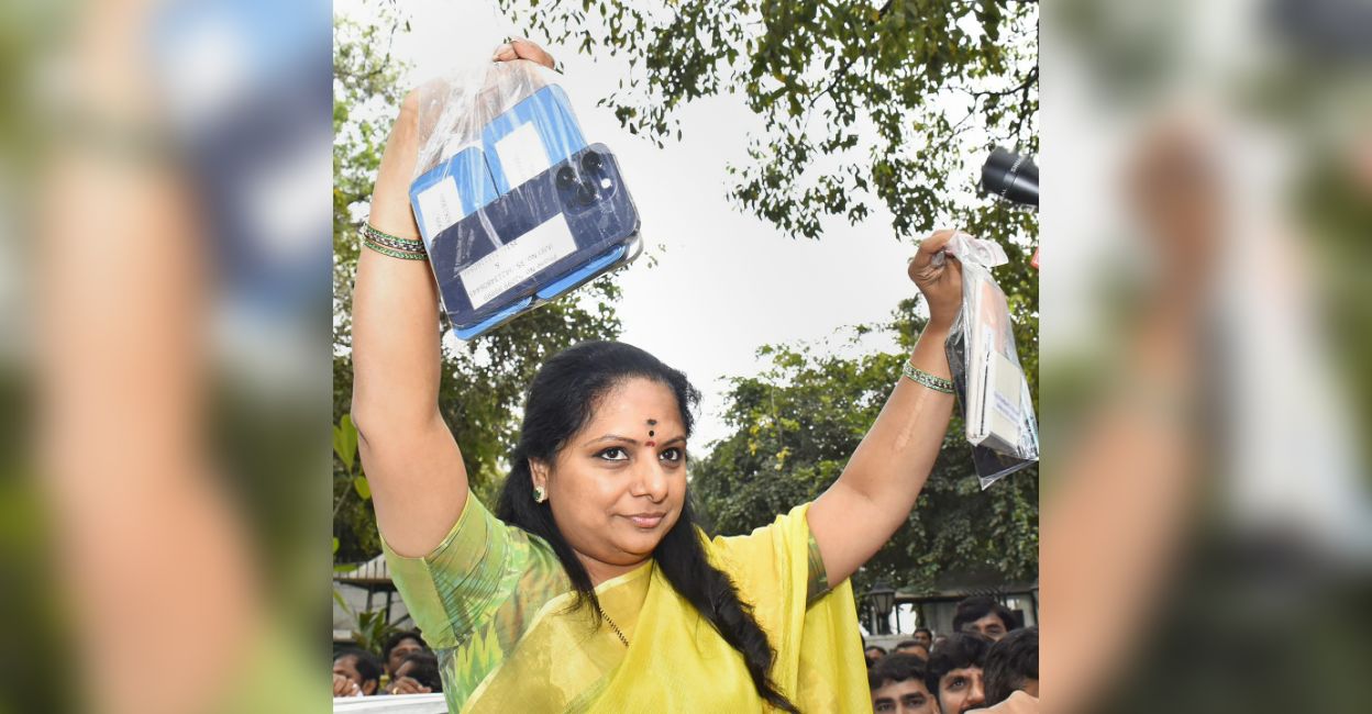 BRS MLC K Kavitha leaves from the residence of her father, Telangana CM K Chandrashekar Rao, for the ED office, after being summoned in connection with the Delhi excise policy case, in New Delhi, Tuesday, March 21, 2023. Photo: PTI