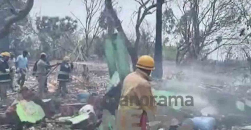 Firefighters try to douse fire in the firecracker manufacturing unit. Photo: Screengrab/Manorama News