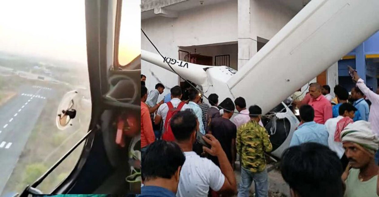 The joyride glider crashed into the building just after taking off from the Barwadda airstrip at around 4.50 pm. Photo: Manorama