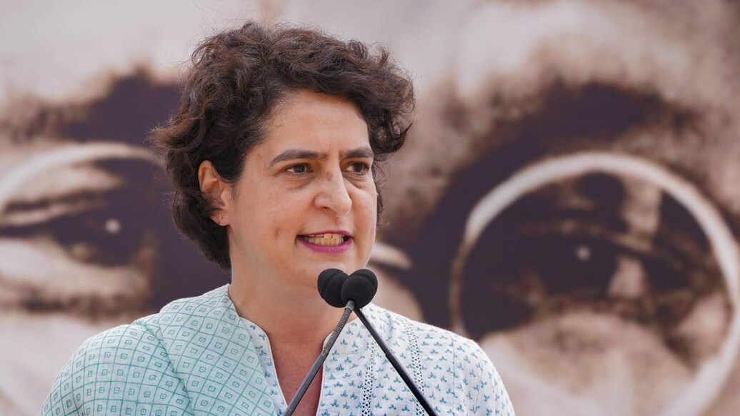 Congress leader Priyanka Gandhi speaks during the party's 'Satyagraha' against disqualification of Congress leader Rahul Gandhi from the Lok Sabha, at Rajghat. Photo: PTI