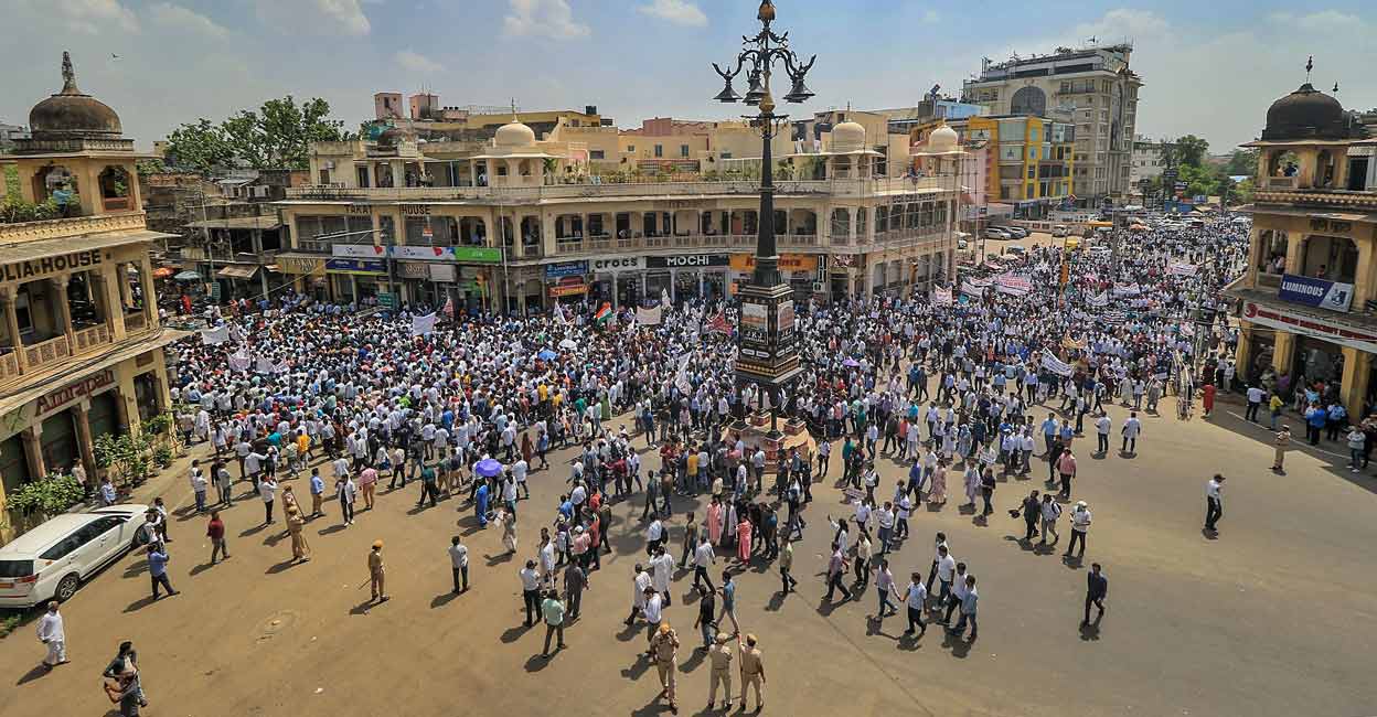 Doctors take out a protest rally against the Rajasthan Right to Health Bill at Panch Batti in Jaipur on Monday. Photo: PTI