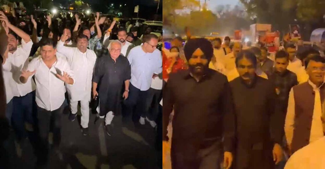 Congress leader protest on the streets of Delhi Tuesday evening. Screengrab from INC videos.
