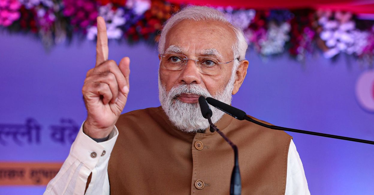 Prime Minister Narendra Modi addresses the flagging off ceremony of Vande Bharat Express, at Rani Kamlapati Station, in Bhopal, Saturday, April 1, 2023. Photo: PTI