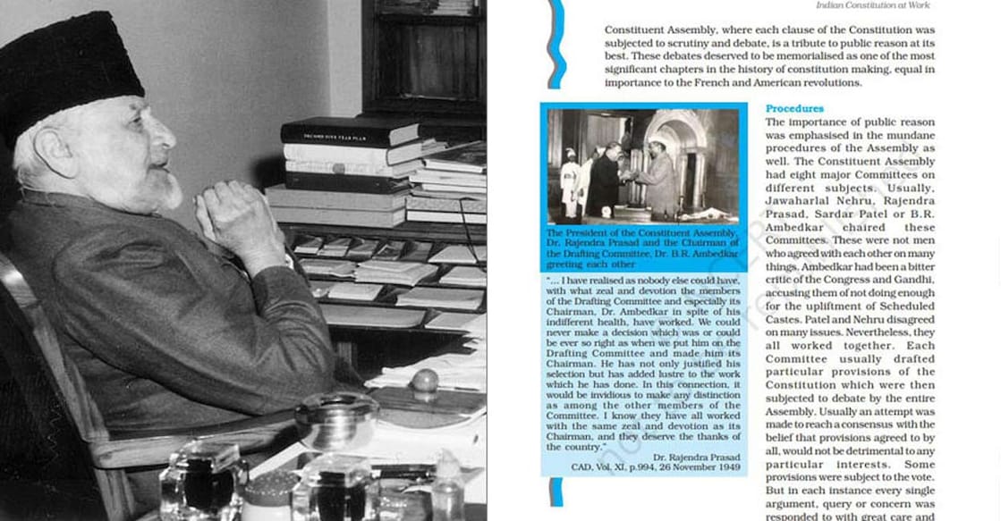 In the class 11 political science textbook's first chapter, titled 'Constitution - Why and How', a line has been revised to omit Azad's name from the constituent assembly committee meetings. Photo: Manorama News