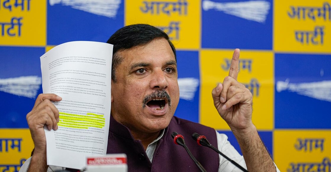 Aam Aadmi Party (AAP) leader Sanjay Singh addresses a press conference. Photo: PTI