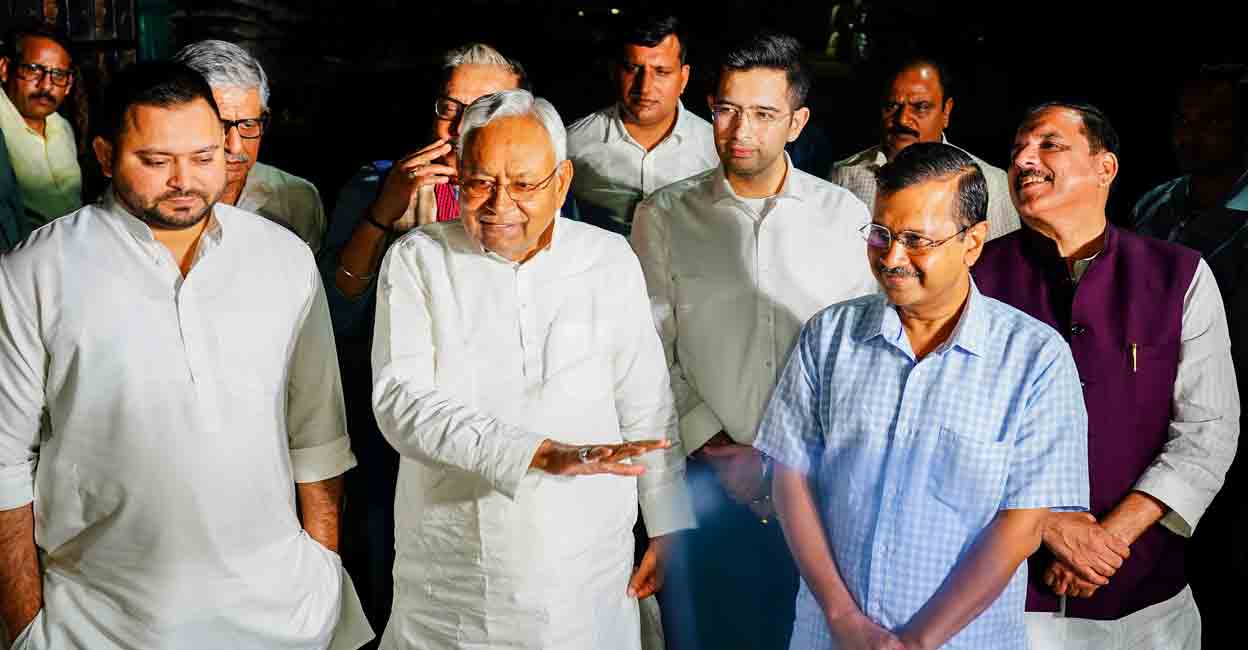 Delhi Chief Minister Arvind Kejriwal with Bihar Chief Minister Nitish Kumar and Bihar Deputy Chief Minister Tejashwi Yada Delhi Chief Minister Arvind Kejriwal with Bihar Chief Minister Nitish Kumar and Bihar Deputy Chief Minister Tejashwi Yadav addresses the media after a meeting, in New Delhi, Wednesday, April 12, 2023. Photo: PTI