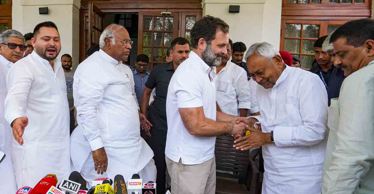 PTI04_12_2023_000123B Congress leader Rahul Gandhi with Bihar Chief Minister Nitish Kumar at Congress President Mallikarjun Kharge's residence, in New Delhi, Wednesday, April 12, 2023. Congress President Mallikarjun Kharge and Bihar Deputy Chief Minister Tejashwi Yadav are also seen. Photo: PTI