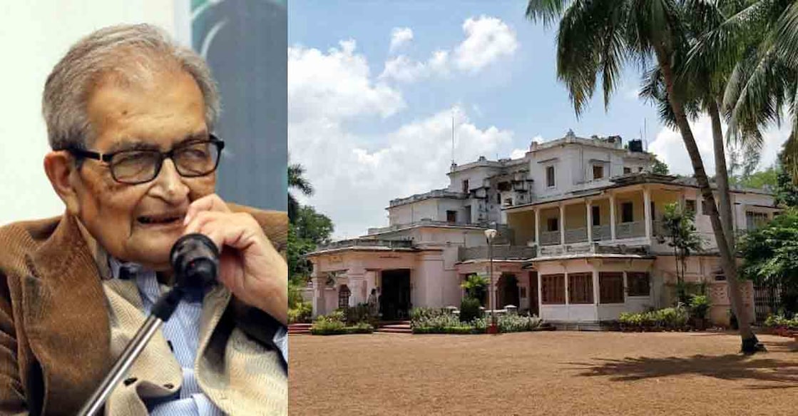 Visva-Bharati University (R) has posted an eviction notice on the boundary wall of Nobel laureate Amartya Sen's (L) ancestoral home in Santiniketan. Photos: IANS