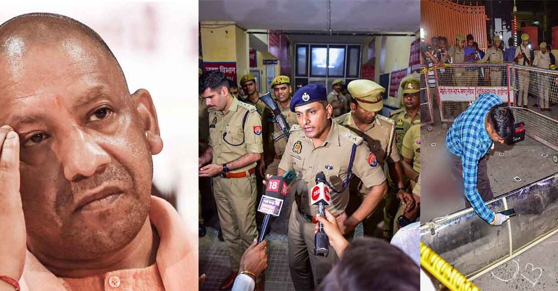 UP CM Yogi Adityanath (left) convened a high-level meeting on Saturday soon after the murder of Atiq Ahmad and brother. A cop reacts to the press after the incident (middle) and an expert collects evidence at the crime spot. Photo: PTI