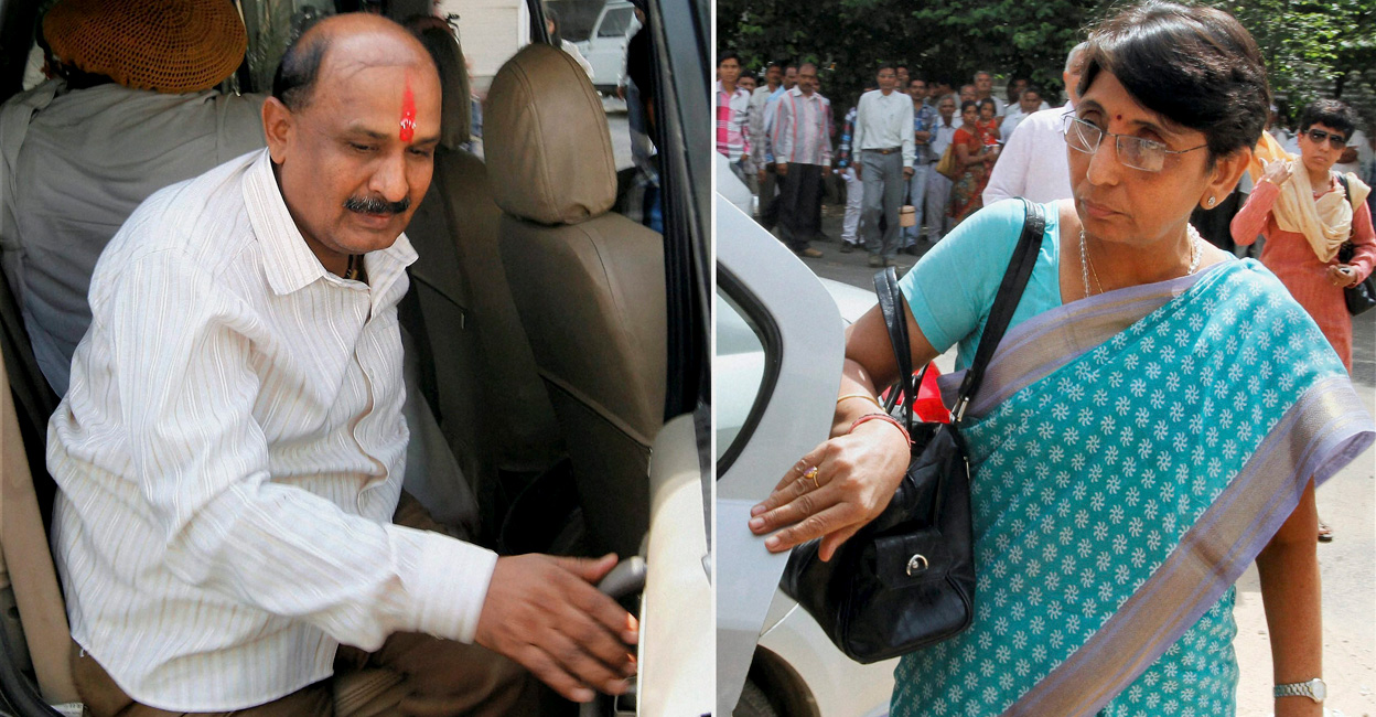 Former Vishva Hindu Parishad (VHP) leader Babu Bajrangi (left) and former Naroda MLA Maya Kodnani in this file photo from 2012. Photos: PTI