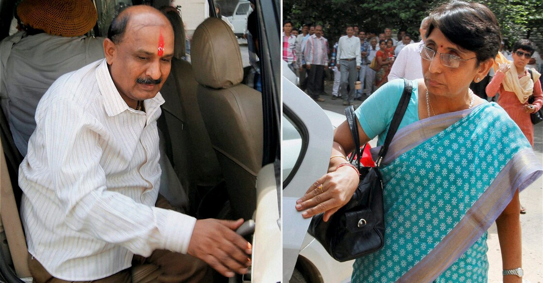 Former Vishva Hindu Parishad (VHP) leader Babu Bajrangi (left) and former Naroda MLA Maya Kodnani in this file photo from 2012. Photos: PTI