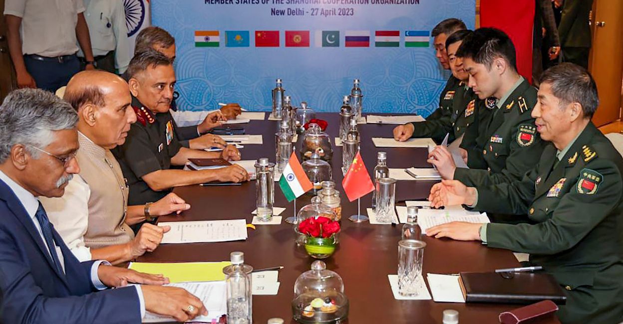 china-sco-rajnath Defence Minister Rajnath Singh with his Chinese counterpart Li Shangfu during a bilateral meeting, in New Delhi, Thursday, April 27, 2023. Photo: PTI