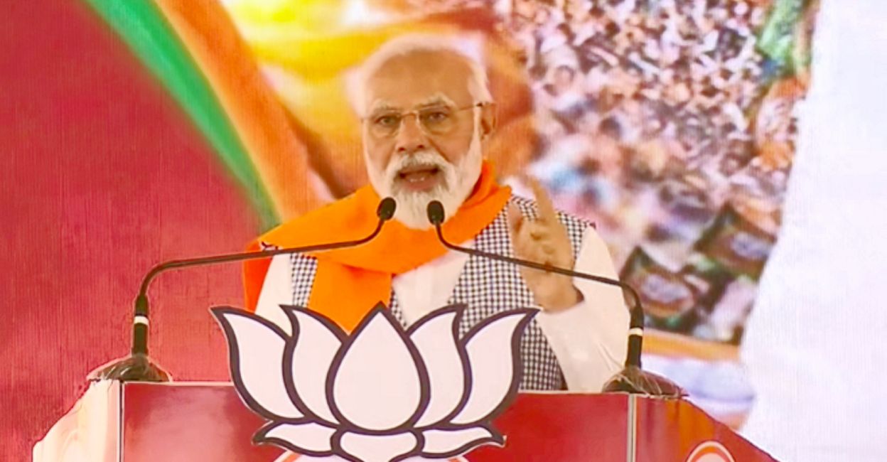 Prime Minister and senior BJP leader Narendra Modi addresses a public meeting for the upcoming Karnataka Assembly elections, in Kolar district, Sunday, April 30, 2023. Photo: PTI