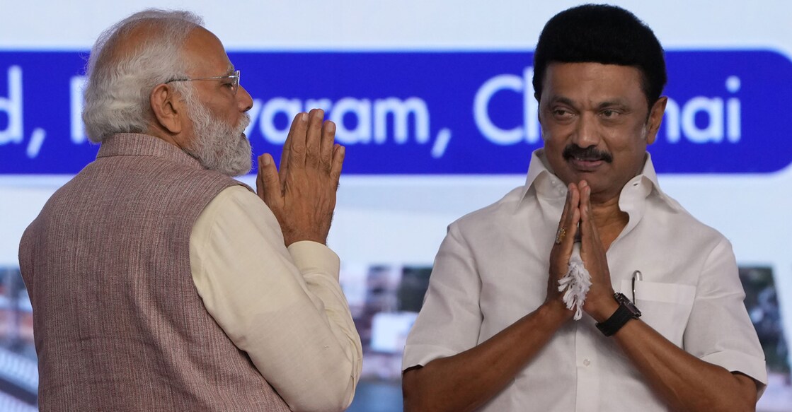 PTI04_08_2023_000280A Prime Minister Narendra Modi greets Tamil Nadu Chief Minister MK Stalin in Chennai on Saturday. Photo: PTI