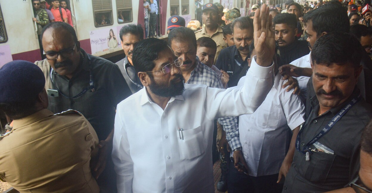 Maharashtra Chief Minister Eknath Shinde at a railway station in Thane from where Shiv Sainiks (Shinde faction) left for Ayodhya on Friday. Photo: PTI