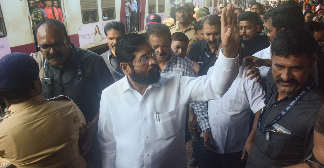 PTI04_07_2023_000133A Maharashtra Chief Minister Eknath Shinde at a railway station in Thane from where Shiv Sainiks (Shinde faction) left for Ayodhya on Friday. Photo: PTI