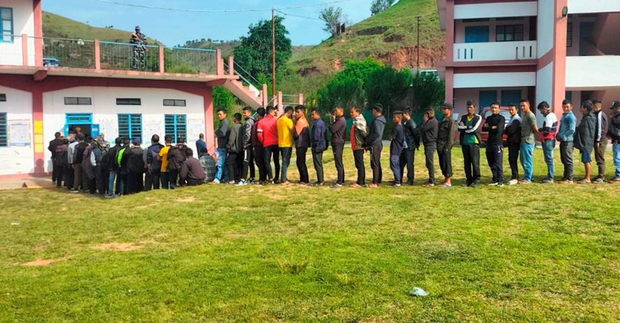 meghalaya-bypoll Voters wait in a long queue to cast their votes for Sohiong Assembly seat by-election, in East Khasi Hills district of Meghalaya, Tuesday, May 10, 2023. Photo: PTI