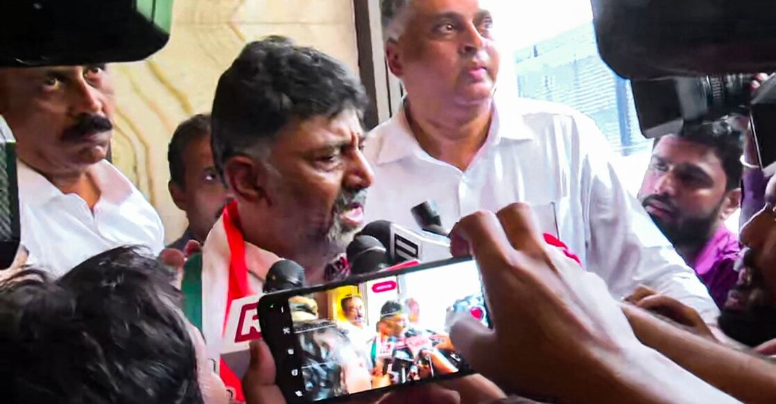 Karnataka Congress President DK Shivakumar talks to the media on Karnataka Assembly polls results, in Bengaluru, Saturday, May 13, 2023. Photo: PTI