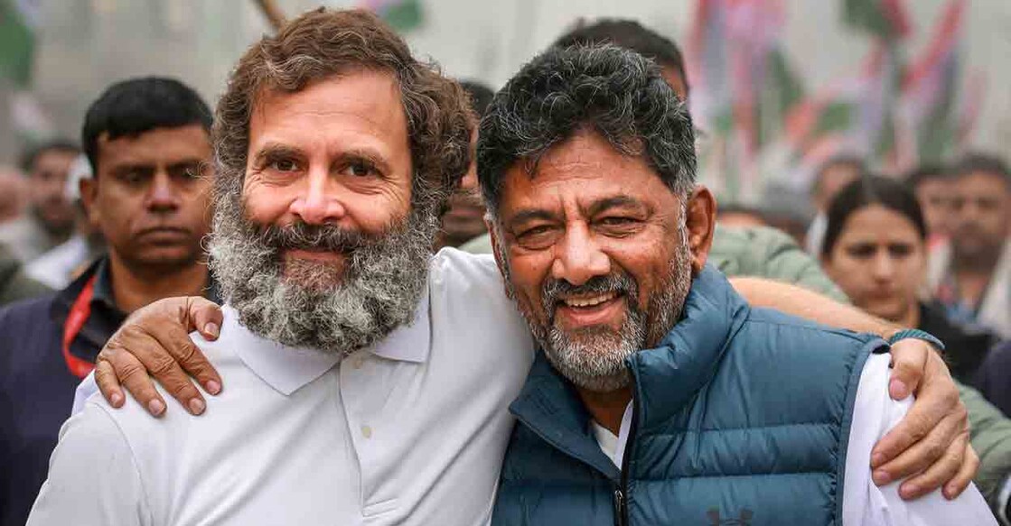 Karnataka Congress President DK Shivakumar with Rahul Gandhi during the party's 'Bharat Jodo Yatra', in Panipat, Friday, Jan. 6, 2023. Counting of votes for the 224-member assembly in Karnataka will begin Saturday, May 13. Photo: PTI
