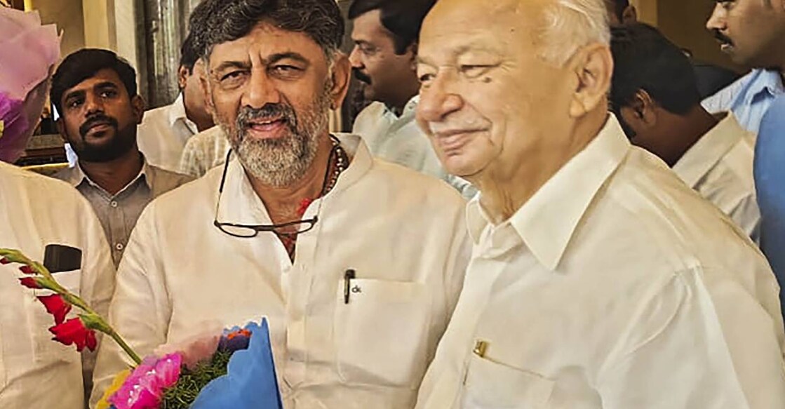 AICC Observer Sushil Kumar Shinde greets Karnataka Congress President DK Shivakumar on his birthday, in Bengaluru. Photo: PTI