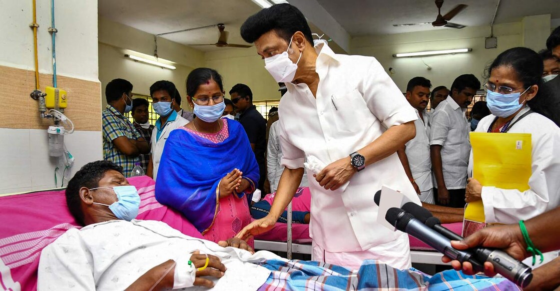 Tamil Nadu Chief Minister M.K. Stalin meets a person who fell ill after allegedly consuming spurious liquor, at Government Medical College in Villupuram. Photo: PTI