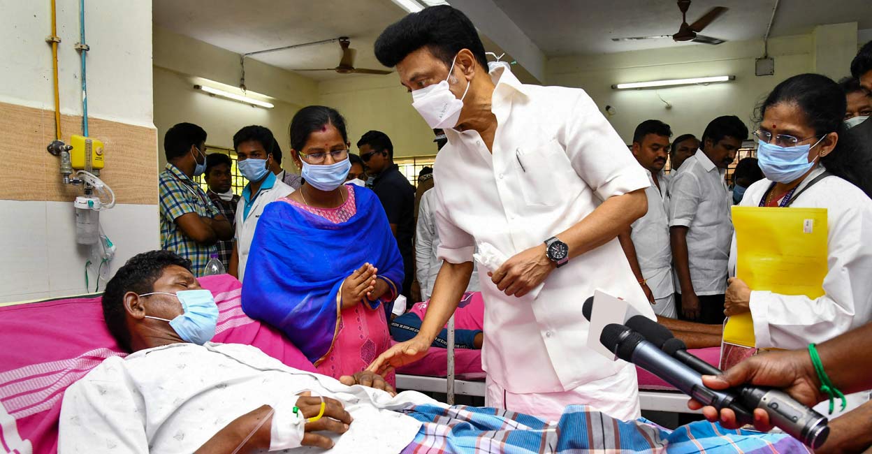 Tamil Nadu Chief Minister M.K. Stalin meets a person who fell ill after allegedly consuming spurious liquor, at Government Medical College in Villupuram. Photo: PTI