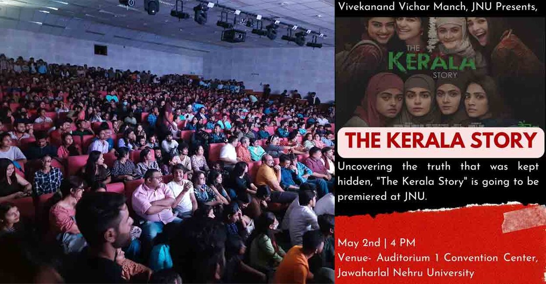 Students and faculty of JNU gathered at the main convention centre to watch the special screening of 'The Kerala Story'. Photo: Twitter