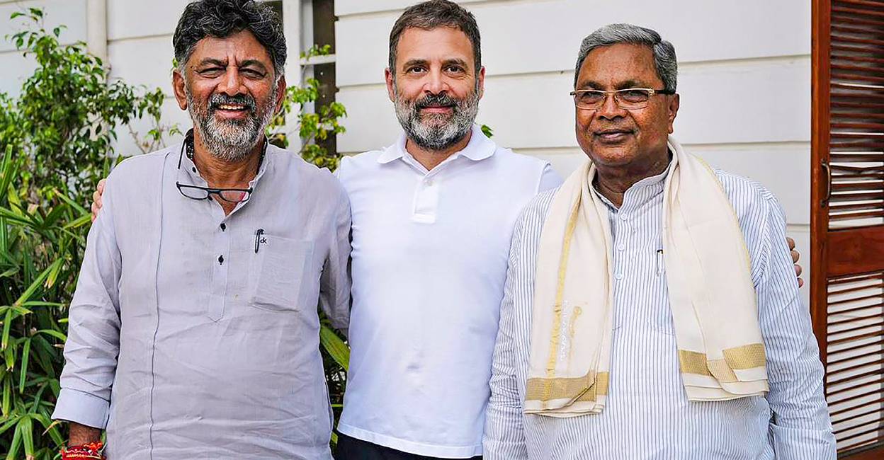 Shivakumar, Rahul Gandhi and Siddaramaiah Karnataka CM-designate Siddaramaiah and Deputy CM-designate D.K. Shivakumar meet Congress leader Rahul Gandhi in New Delhi,. Photo: PTI