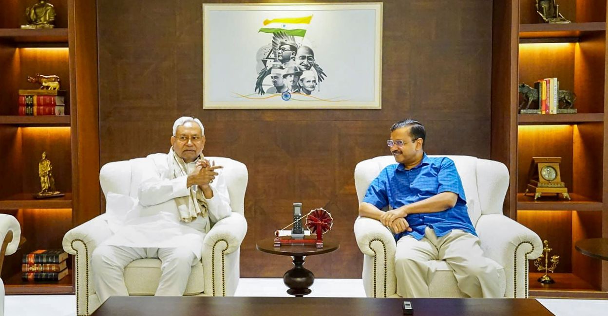 nitish-kumar-arvind-kejriwal-1 Delhi Chief Minister Arvind Kejriwal with Bihar CM Nitish Kumar during a meeting, in New Delhi, Sunday, May 21, 2023. Photo: PTI