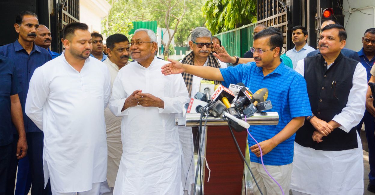 Delhi Chief Minister Arvind Kejriwal with Bihar CM Nitish Kumar during a press conference, in New Delhi, Sunday, May 21, 2023. Bihar Dy CM Tejashwi Yadav and AAP MP Sanjay Singh are also seen. Photo: PTI