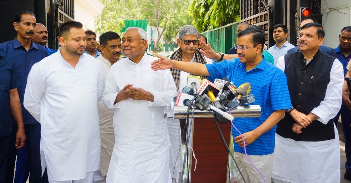 nitish-kumar-arvind-kejriwal Delhi Chief Minister Arvind Kejriwal with Bihar CM Nitish Kumar during a press conference, in New Delhi, Sunday, May 21, 2023. Bihar Dy CM Tejashwi Yadav and AAP MP Sanjay Singh are also seen. Photo: PTI