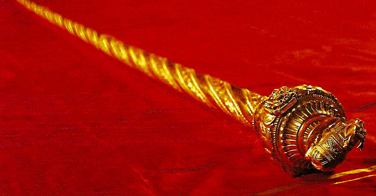 PTI05_24_2023_000080B A beautiful carving of 'Nandi' atop the 'Sengol', a historical sceptre from Tamil Nadu, that will be installed in the new Parliament building, to be inaugurated on May 28, in New Delhi. Photo: PTI