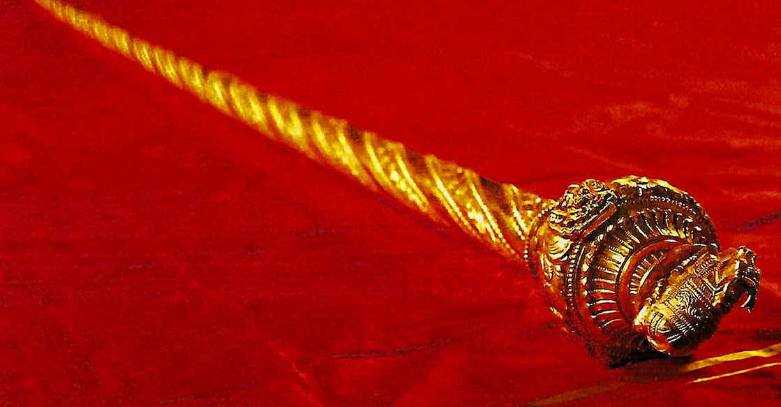 A beautiful carving of 'Nandi' atop the 'Sengol', a historical sceptre from Tamil Nadu, that will be installed in the new Parliament building, to be inaugurated on May 28, in New Delhi. Photo: PTI